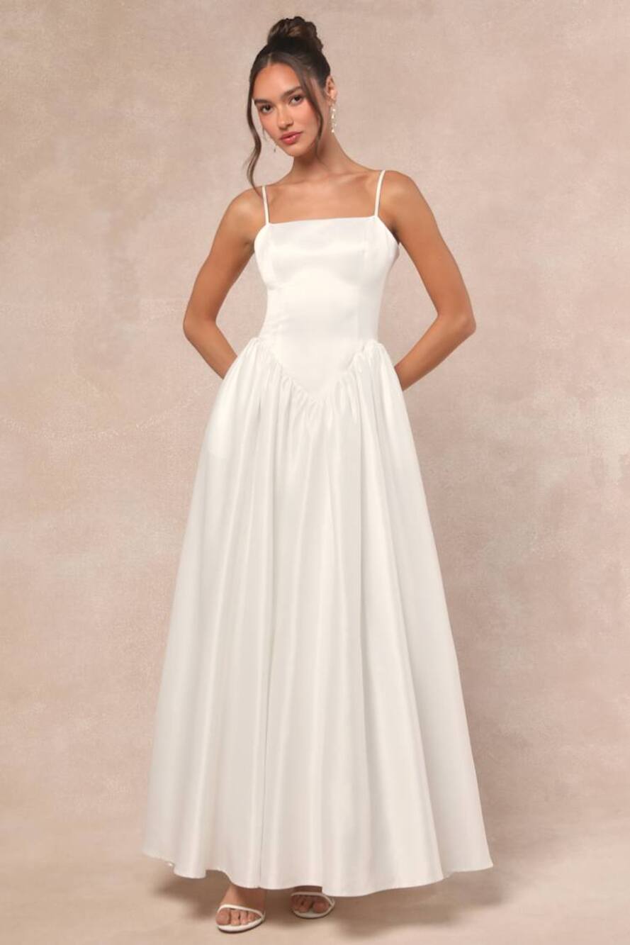 Lulus Luxe Bridal NWOT Bria White Satin Basque Waist Maxi Wedding Dress Medium